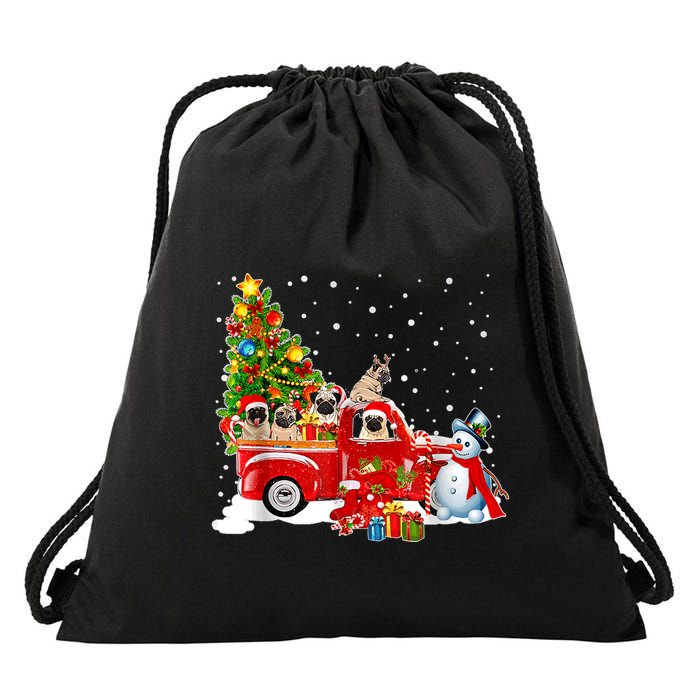 Pug Dog On Red Truck Christmas Pajama Funny Xmas Tree Drawstring Bag