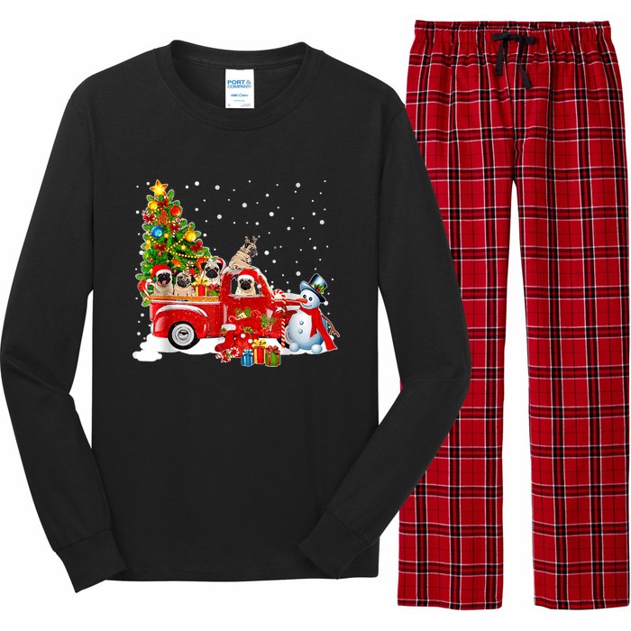 Pug Dog On Red Truck Christmas Pajama Funny Xmas Tree Long Sleeve Pajama Set