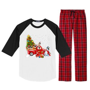 Pug Dog On Red Truck Christmas Pajama Funny Xmas Tree Raglan Sleeve Pajama Set