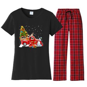 Pug Dog On Red Truck Christmas Pajama Funny Xmas Tree Women's Flannel Pajama Set