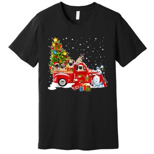 Pug Dog On Red Truck Christmas Pajama Funny Xmas Tree Premium T-Shirt