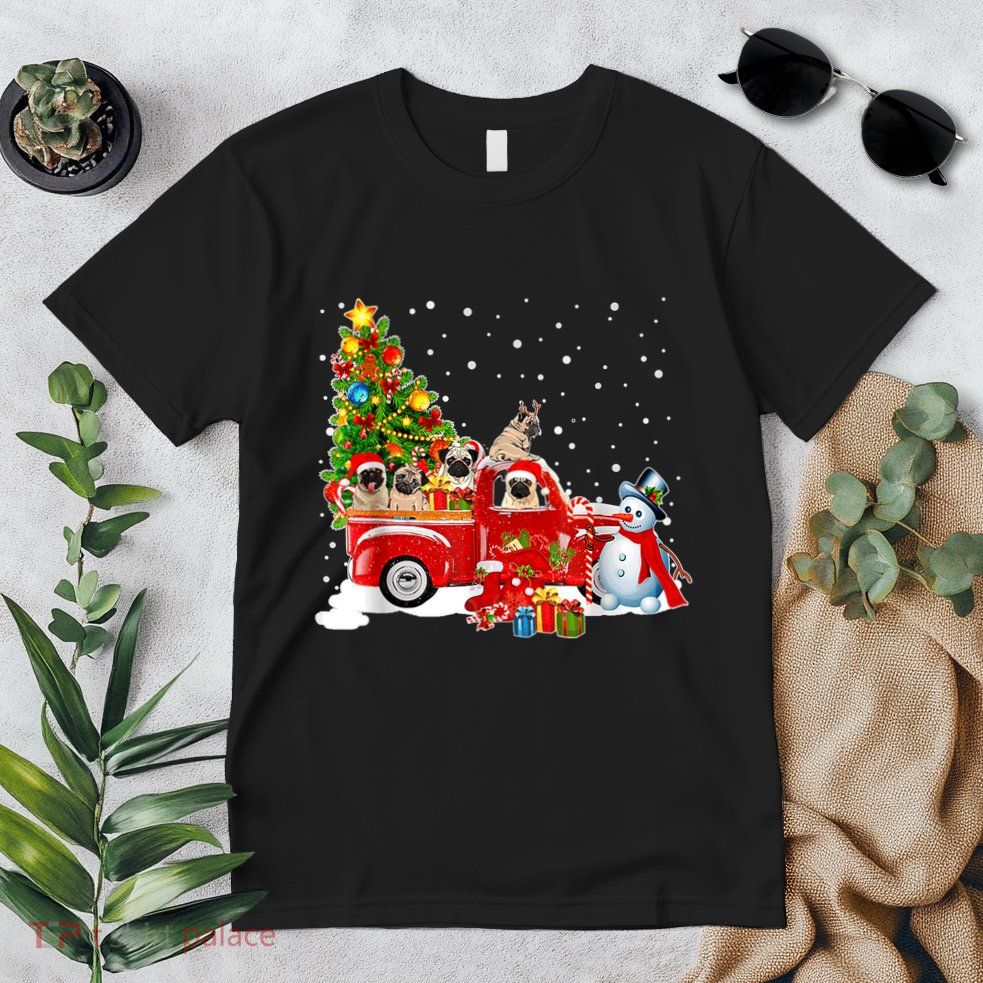 Pug Dog On Red Truck Christmas Pajama Funny Xmas Tree Premium T-Shirt
