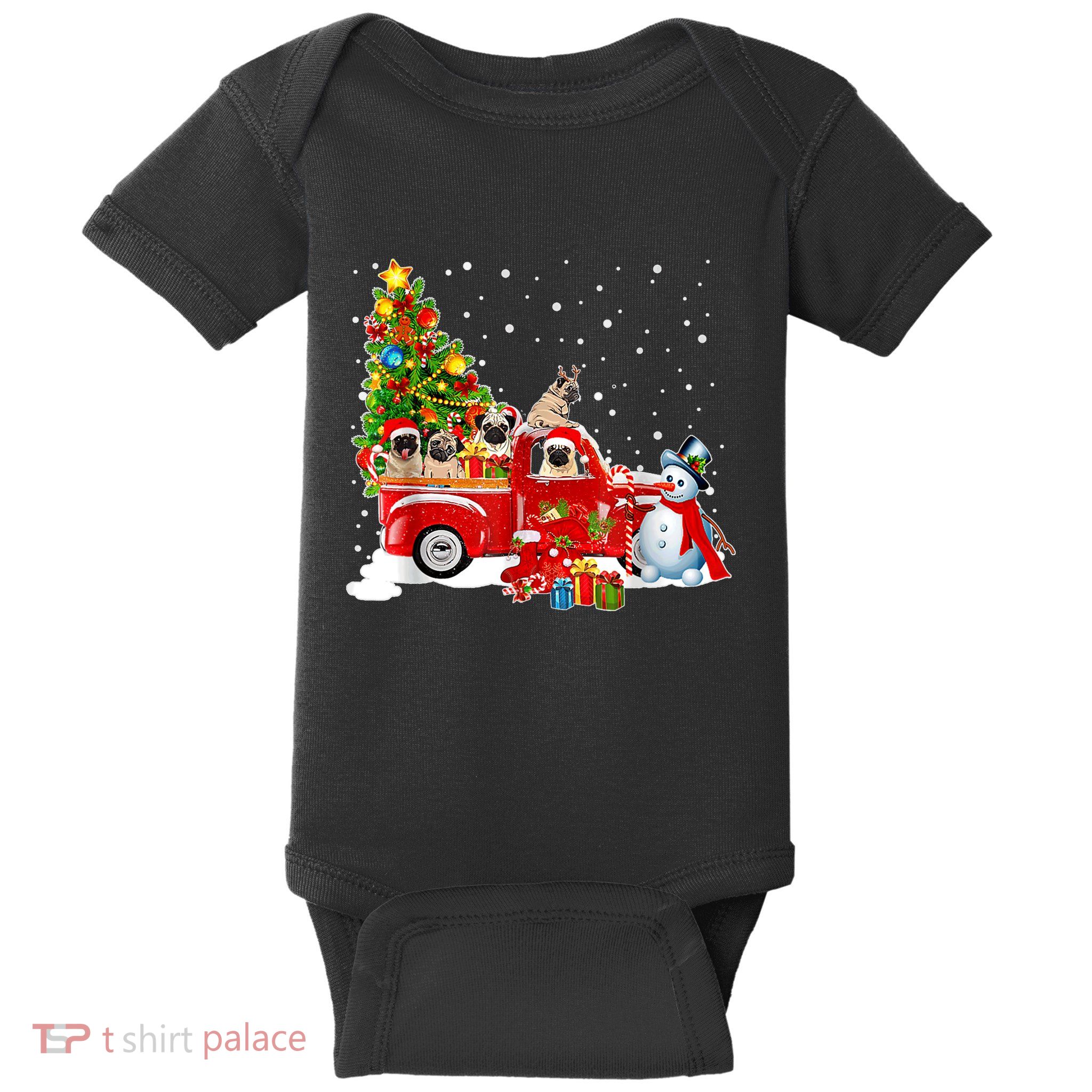 Pug Dog On Red Truck Christmas Pajama Funny Xmas Tree Baby Bodysuit