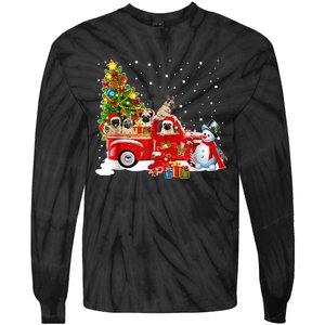 Pug Dog On Red Truck Christmas Pajama Funny Xmas Tree Tie-Dye Long Sleeve Shirt