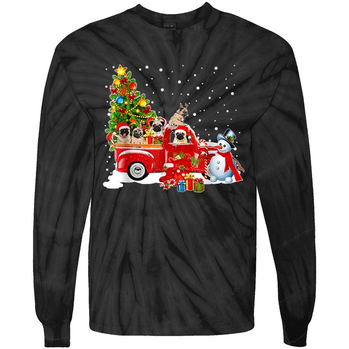 Pug Dog On Red Truck Christmas Pajama Funny Xmas Tree Tie-Dye Long Sleeve Shirt