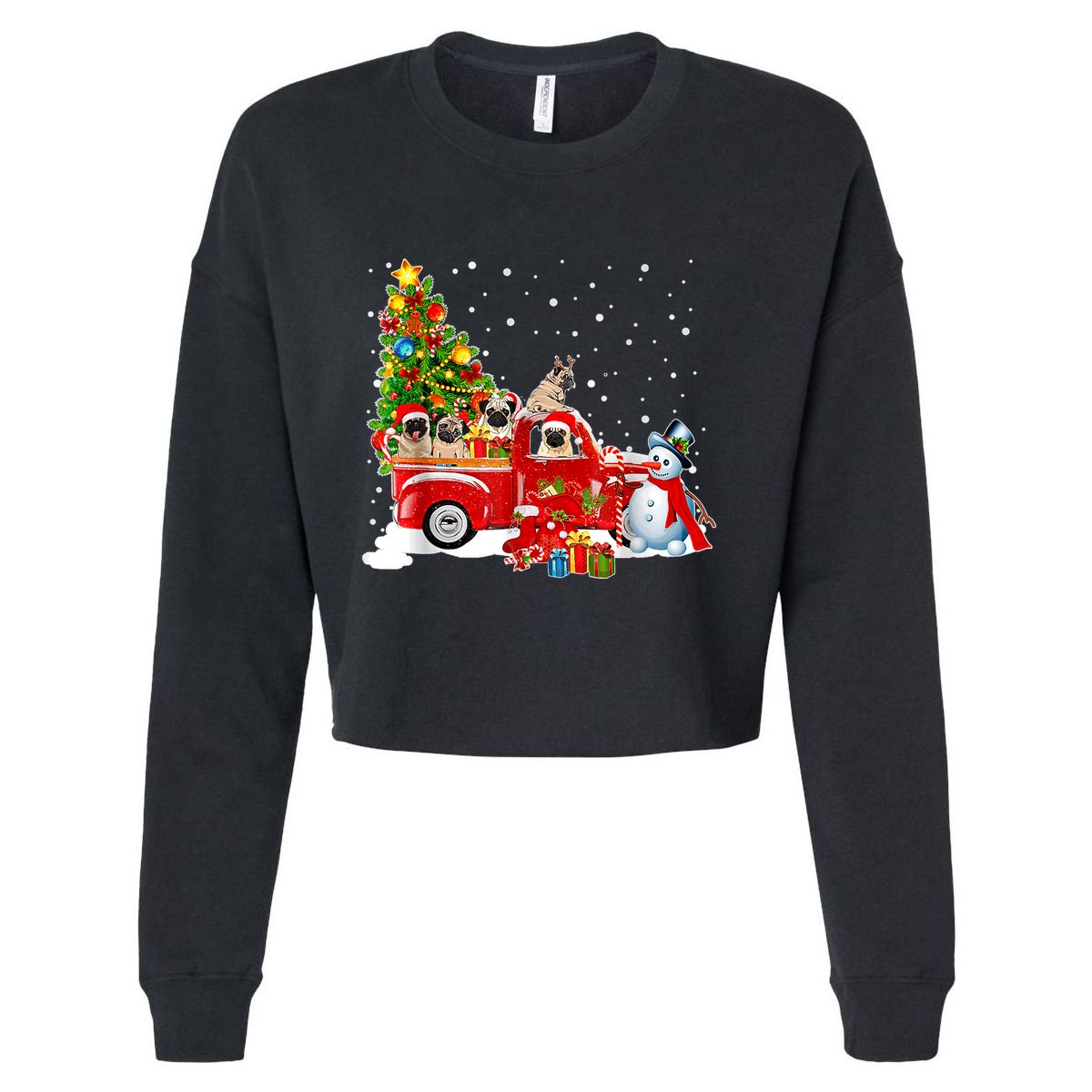 Pug Dog On Red Truck Christmas Pajama Funny Xmas Tree Cropped Pullover Crew