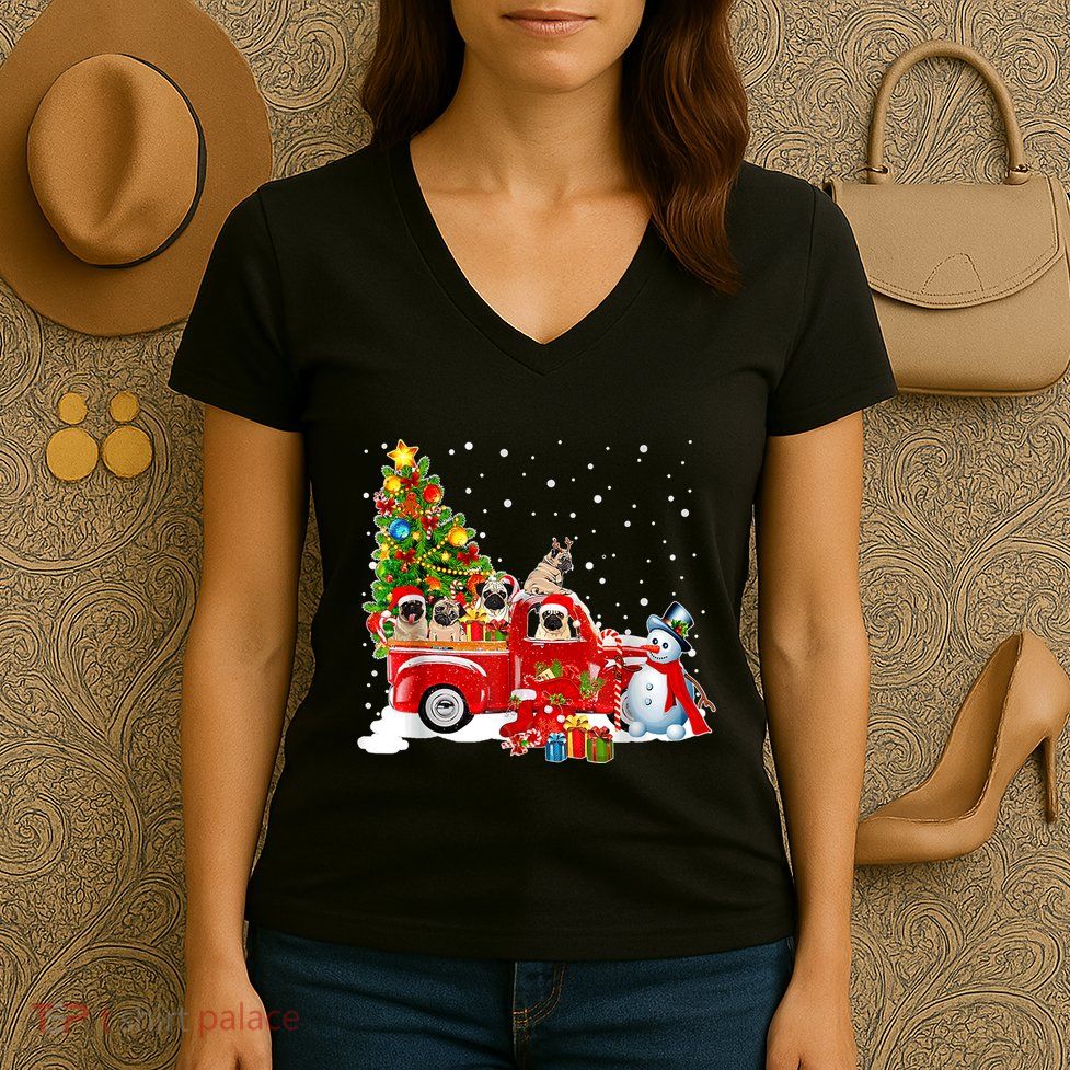 Pug Dog On Red Truck Christmas Pajama Funny Xmas Tree Women's V-Neck T-Shirt