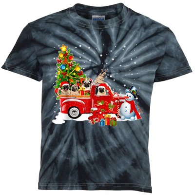 Pug Dog On Red Truck Christmas Pajama Funny Xmas Tree Kids Tie-Dye T-Shirt