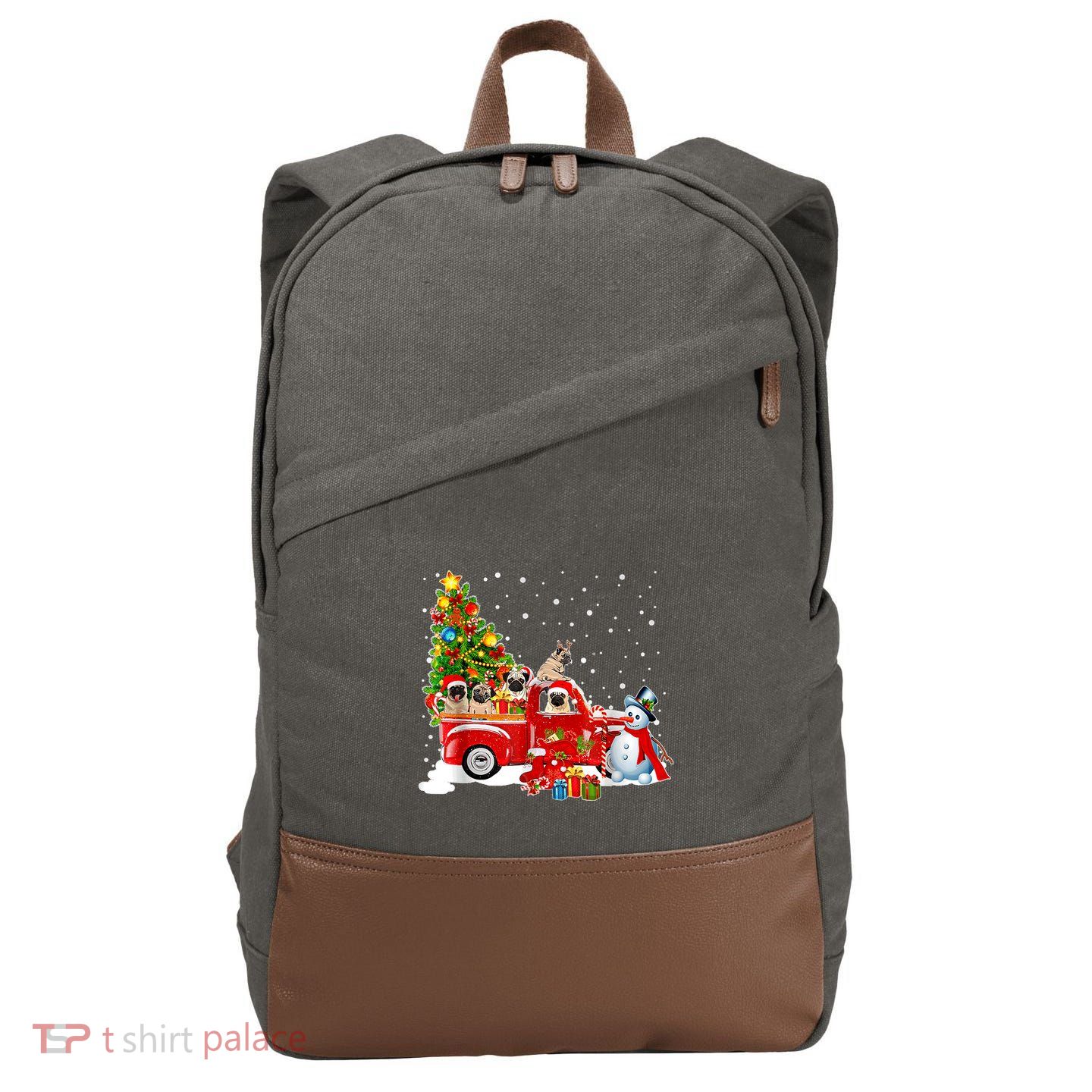 Pug Dog On Red Truck Christmas Pajama Funny Xmas Tree Cotton Canvas Backpack