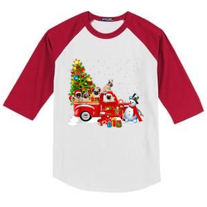 Pug Dog On Red Truck Christmas Pajama Funny Xmas Tree Kids Colorblock Raglan Jersey