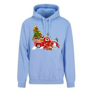 Pug Dog On Red Truck Christmas Pajama Funny Xmas Tree Unisex Surf Hoodie