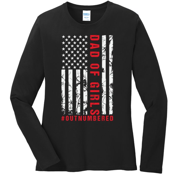 Patriotic Dad Of Girls Outnumbered American Flag Apparel Ladies Long Sleeve Shirt