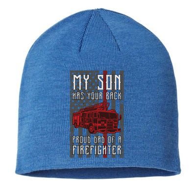 Proud Dad Of A Firefighter American Flag And Firetruck Meaningful Gift Sustainable Beanie