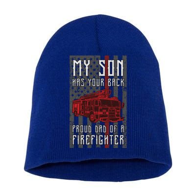 Proud Dad Of A Firefighter American Flag And Firetruck Meaningful Gift Short Acrylic Beanie