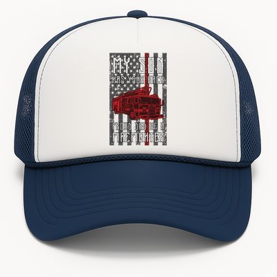 Proud Dad Of A Firefighter American Flag And Firetruck Meaningful Gift Trucker Hat