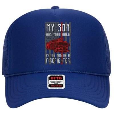 Proud Dad Of A Firefighter American Flag And Firetruck Meaningful Gift High Crown Mesh Back Trucker Hat