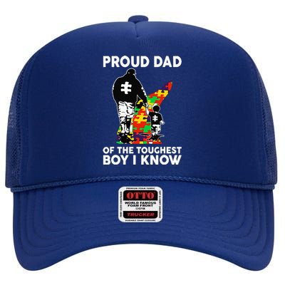 Proud Dad Of The Toughest Boy I Know Autism Awareness High Crown Mesh Back Trucker Hat