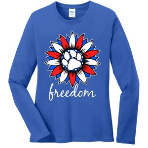 Patriotic Dog Paw Sunflower America Flag 4th Of July Cute Gift Ladies Long Sleeve Shirt