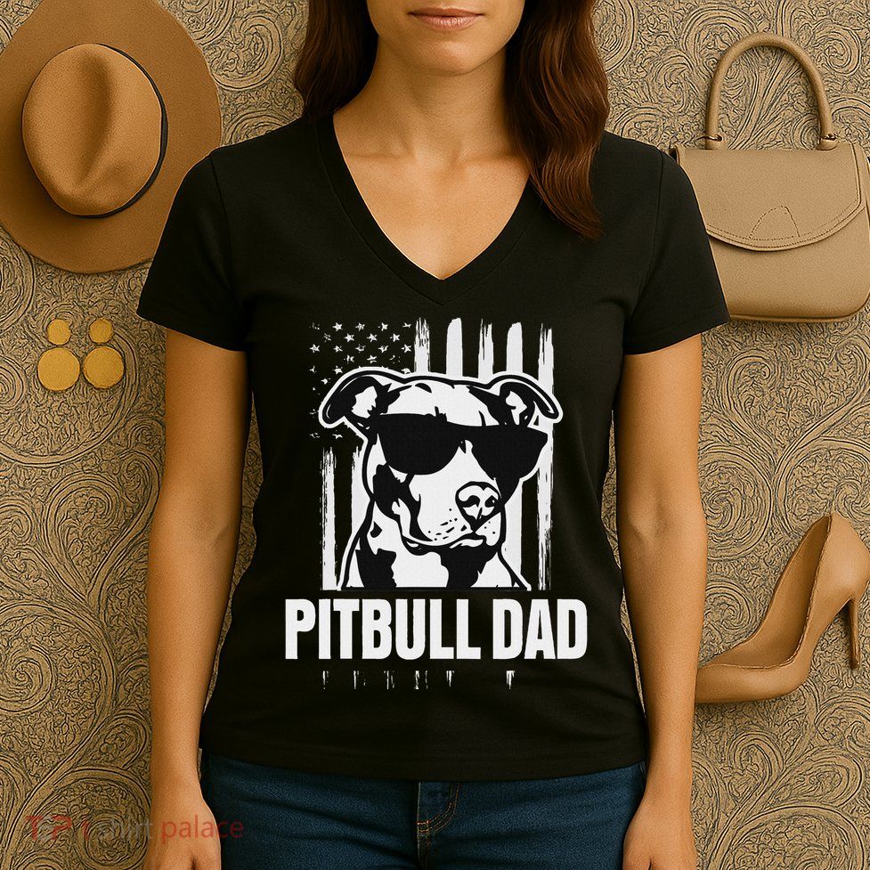 Pitbull Dad Pitbull Lover Gift For Dog Dad American Flag Women's V-Neck T-Shirt