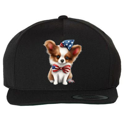 Papillon Dog Puppy USA Flag American Dogs 4th Of July Wool Snapback Cap