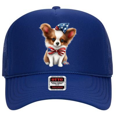 Papillon Dog Puppy USA Flag American Dogs 4th Of July High Crown Mesh Back Trucker Hat