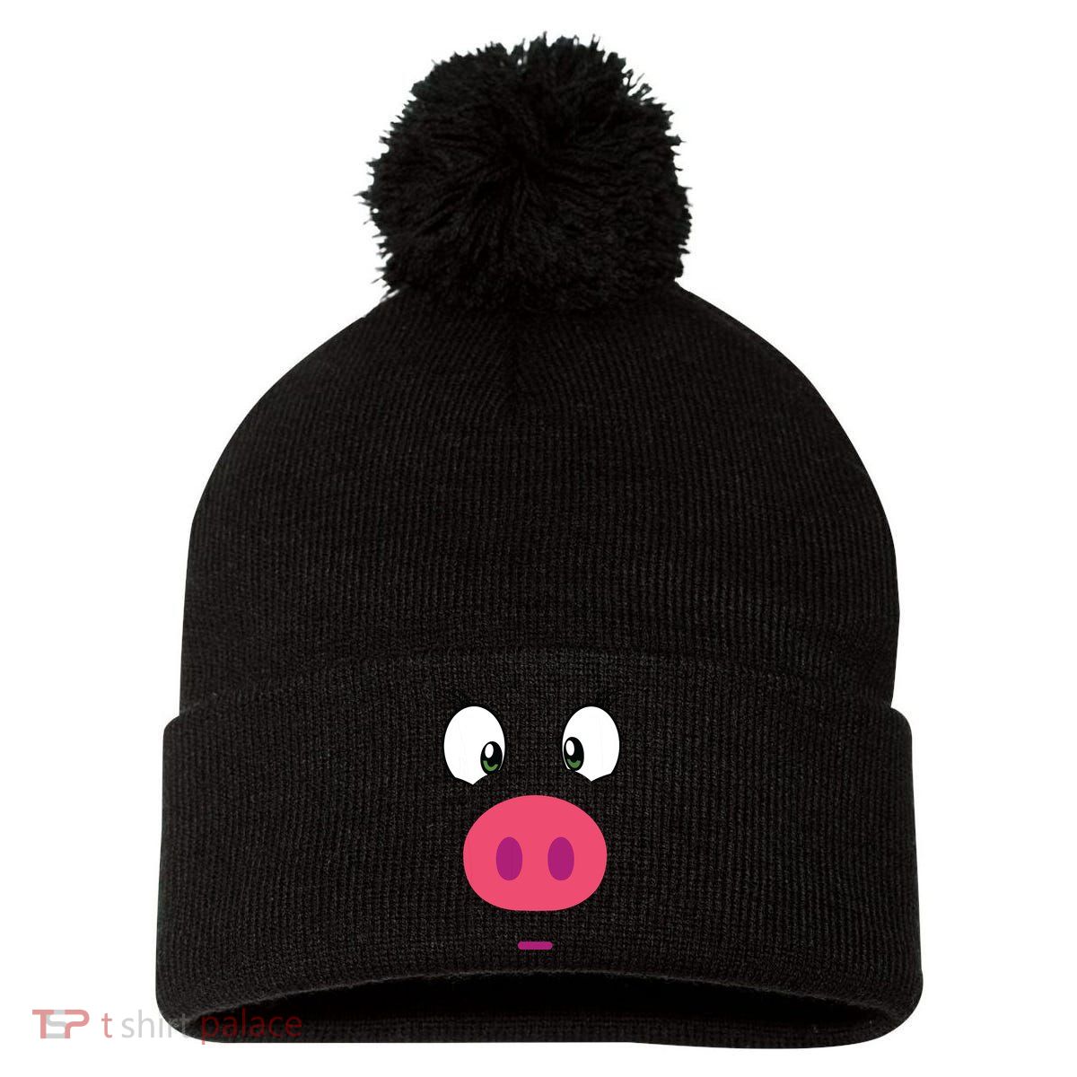 Piggy Design Pig Face Pom Pom 12in Knit Beanie