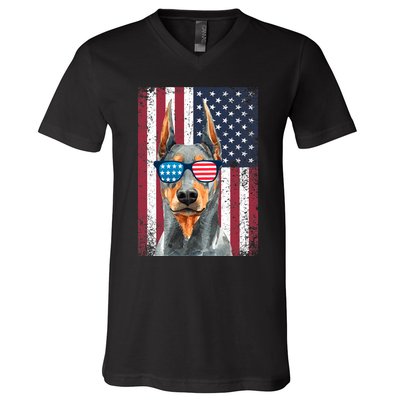 Patriotic Doberman Pinscher 4th Of July Usa American Flag V-Neck T-Shirt