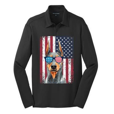 Patriotic Doberman Pinscher 4th Of July Usa American Flag Silk Touch Performance Long Sleeve Polo