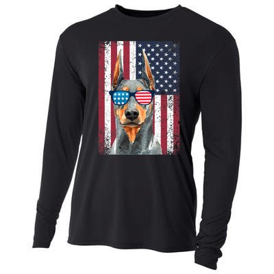 Patriotic Doberman Pinscher 4th Of July Usa American Flag Cooling Performance Long Sleeve Crew