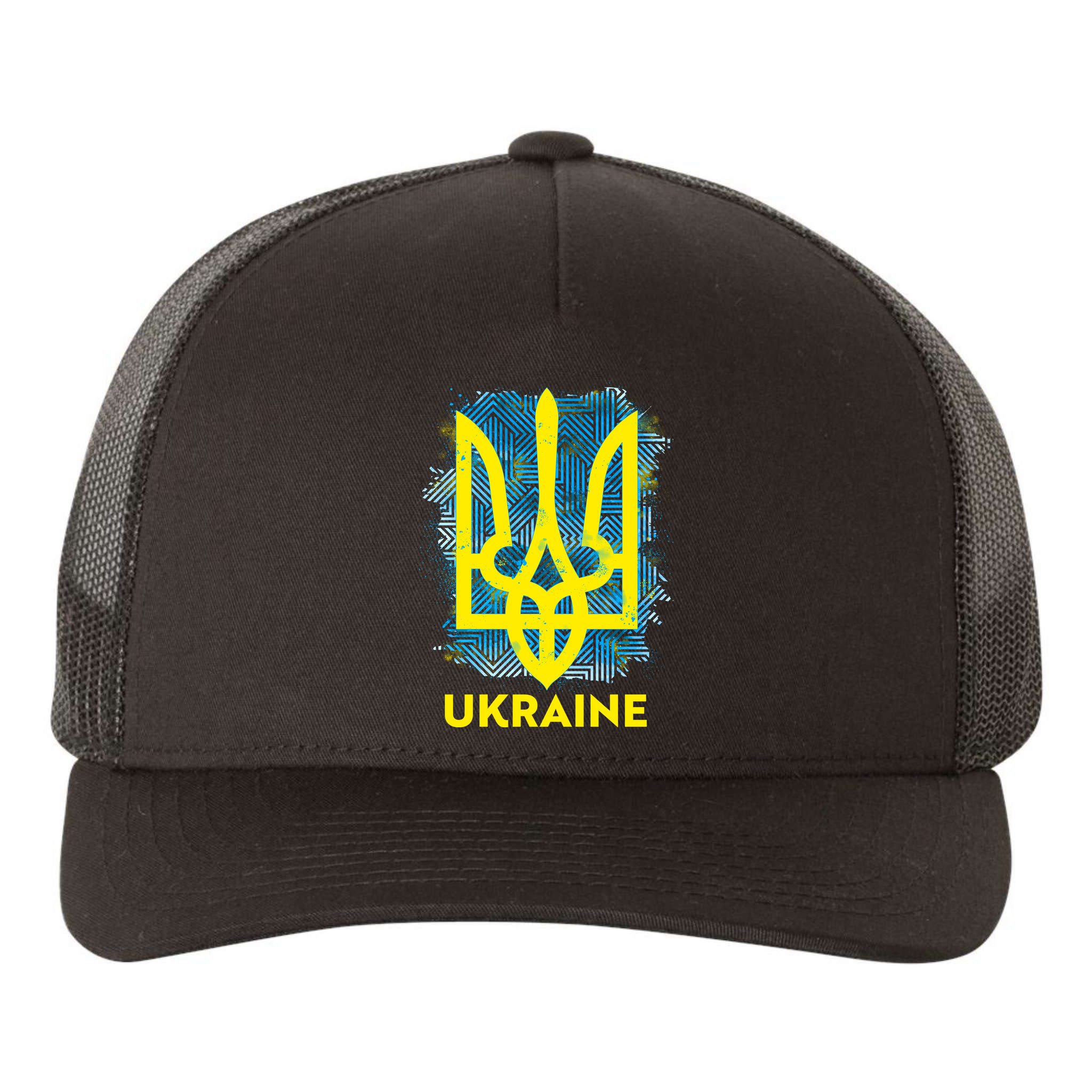 Painted Distressed Pattern Ukraine Coat Of Arms Flag Yupoong Adult 5-Panel Trucker Hat