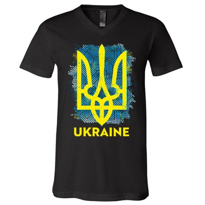 Painted Distressed Pattern Ukraine Coat Of Arms Flag V-Neck T-Shirt