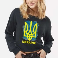 Painted Distressed Pattern Ukraine Coat Of Arms Flag Cropped Pullover Crew