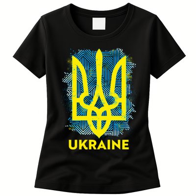 Painted Distressed Pattern Ukraine Coat Of Arms Flag Womens T-Shirt