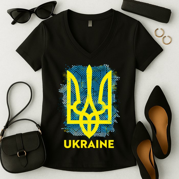 Painted Distressed Pattern Ukraine Coat Of Arms Flag Women's V-Neck T-Shirt