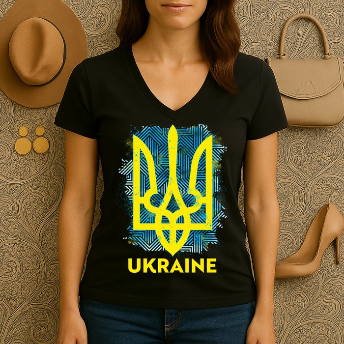 Painted Distressed Pattern Ukraine Coat Of Arms Flag Women's V-Neck T-Shirt