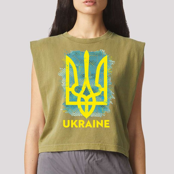 Painted Distressed Pattern Ukraine Coat Of Arms Flag Garment-Dyed Women's Muscle Tee