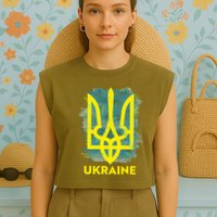 Painted Distressed Pattern Ukraine Coat Of Arms Flag Garment-Dyed Women's Muscle Tee