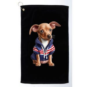 Pinscher Dog Puppy USA Flag Cute American Dogs 4th Of July Platinum Collection Golf Towel