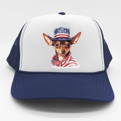 Pinscher Dog Puppy USA Flag Cute American Dogs 4th Of July Trucker Hat