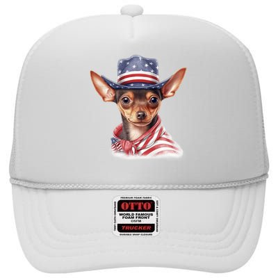 Pinscher Dog Puppy USA Flag Cute American Dogs 4th Of July High Crown Mesh Back Trucker Hat