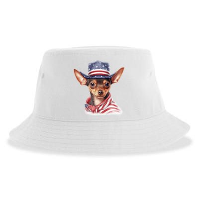 Pinscher Dog Puppy USA Flag Cute American Dogs 4th Of July Sustainable Bucket Hat