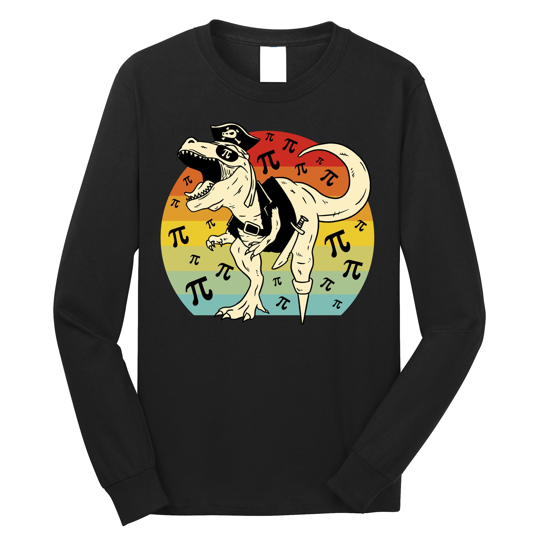 Pirate Dinosaur Retro Sunset Pi Day Long Sleeve Shirt