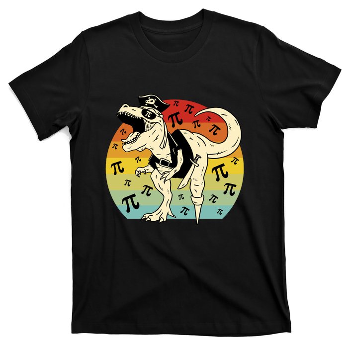 Pirate Dinosaur Retro Sunset Pi Day T-Shirt