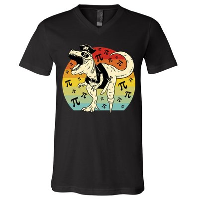 Pirate Dinosaur Retro Sunset Pi Day V-Neck T-Shirt