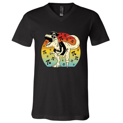 Pirate Dinosaur Retro Sunset Pi Day V-Neck T-Shirt