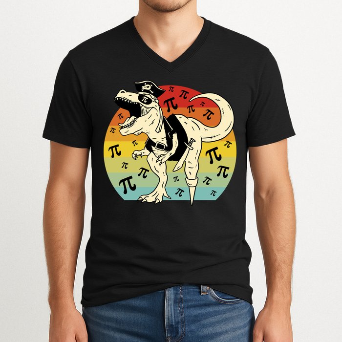 Pirate Dinosaur Retro Sunset Pi Day V-Neck T-Shirt