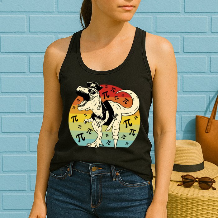 Pirate Dinosaur Retro Sunset Pi Day Womens Tank Top