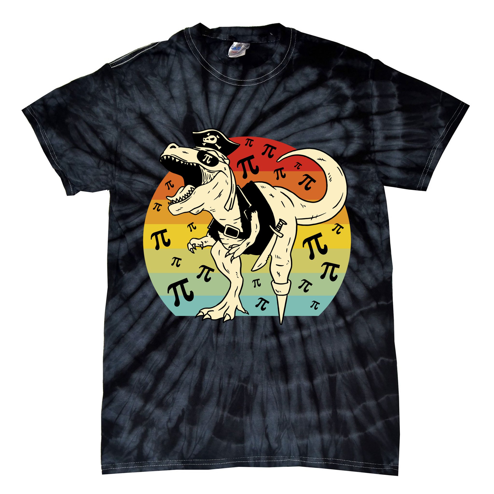 Pirate Dinosaur Retro Sunset Pi Day Tie-Dye T-Shirt