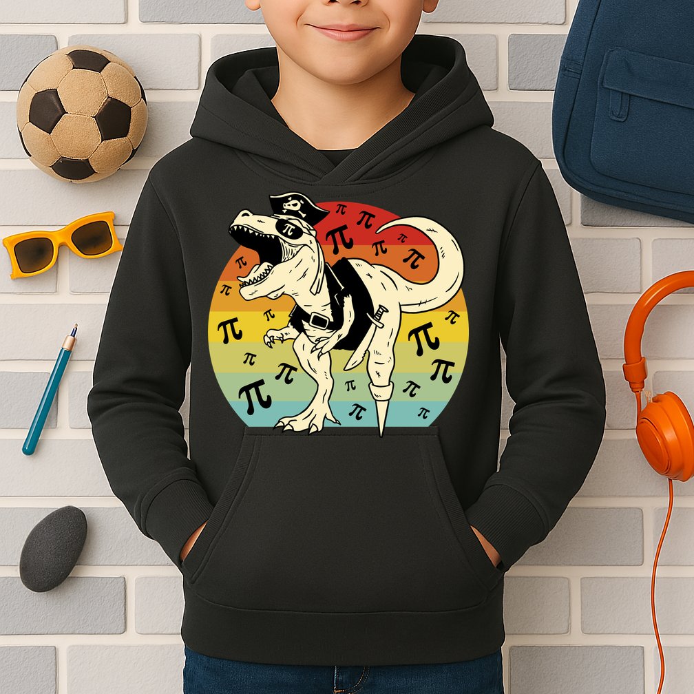 Pirate Dinosaur Retro Sunset Pi Day Kids Hoodie