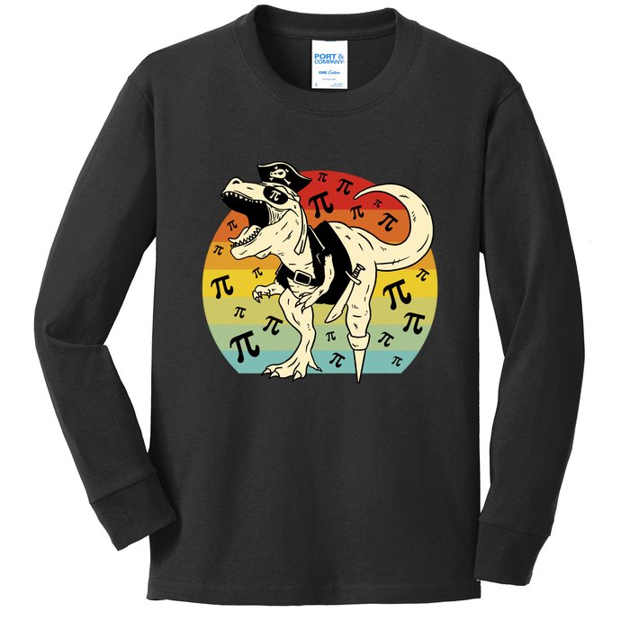 Pirate Dinosaur Retro Sunset Pi Day Kids Long Sleeve Shirt